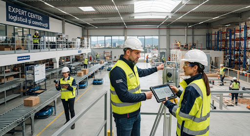 Modern logistics center and construction team collaborating in Bucharest, featuring skilled Asian workers