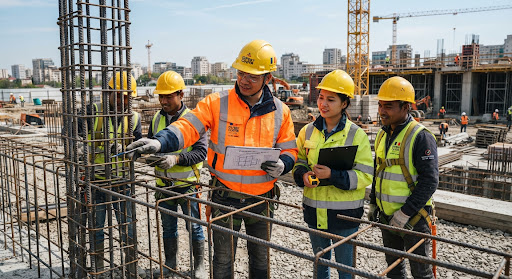 Romanian construction site with Asian workers in safety gear inspecting structural rebar