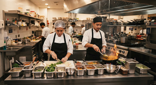 Professional restaurant kitchen with Filipino and Nepalese chefs preparing meals