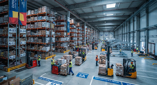 Modern logistics center and warehouse in Romania with order pickers and forklift operators at work